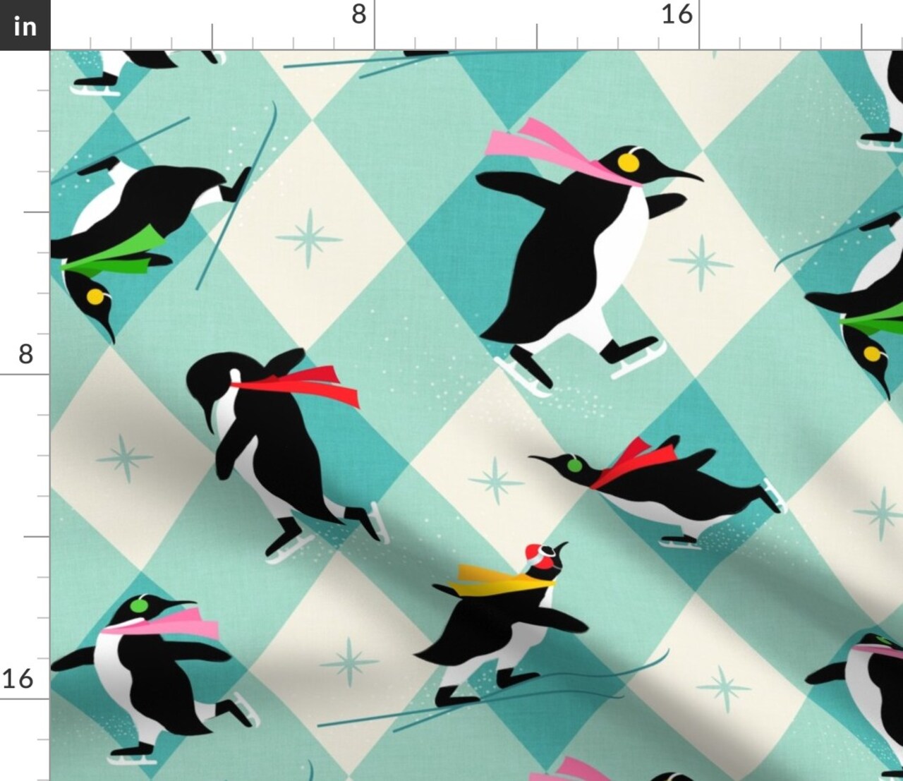 Winter Festive Skating Skiing Argyle Holiday Christmas Retro Mid Century Novelty Penguins Animals Arctic Winter Sports Playful Fun Scarf Custom Printed Fabric by Spoonflower Various Fabrics by the Yard or Fat Quarter